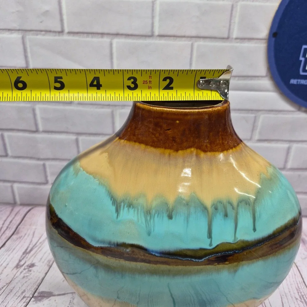 Vintage Drip Glaze Ceramic Vase Turquoise Brown Tan Bulbous Pottery Decor 10in